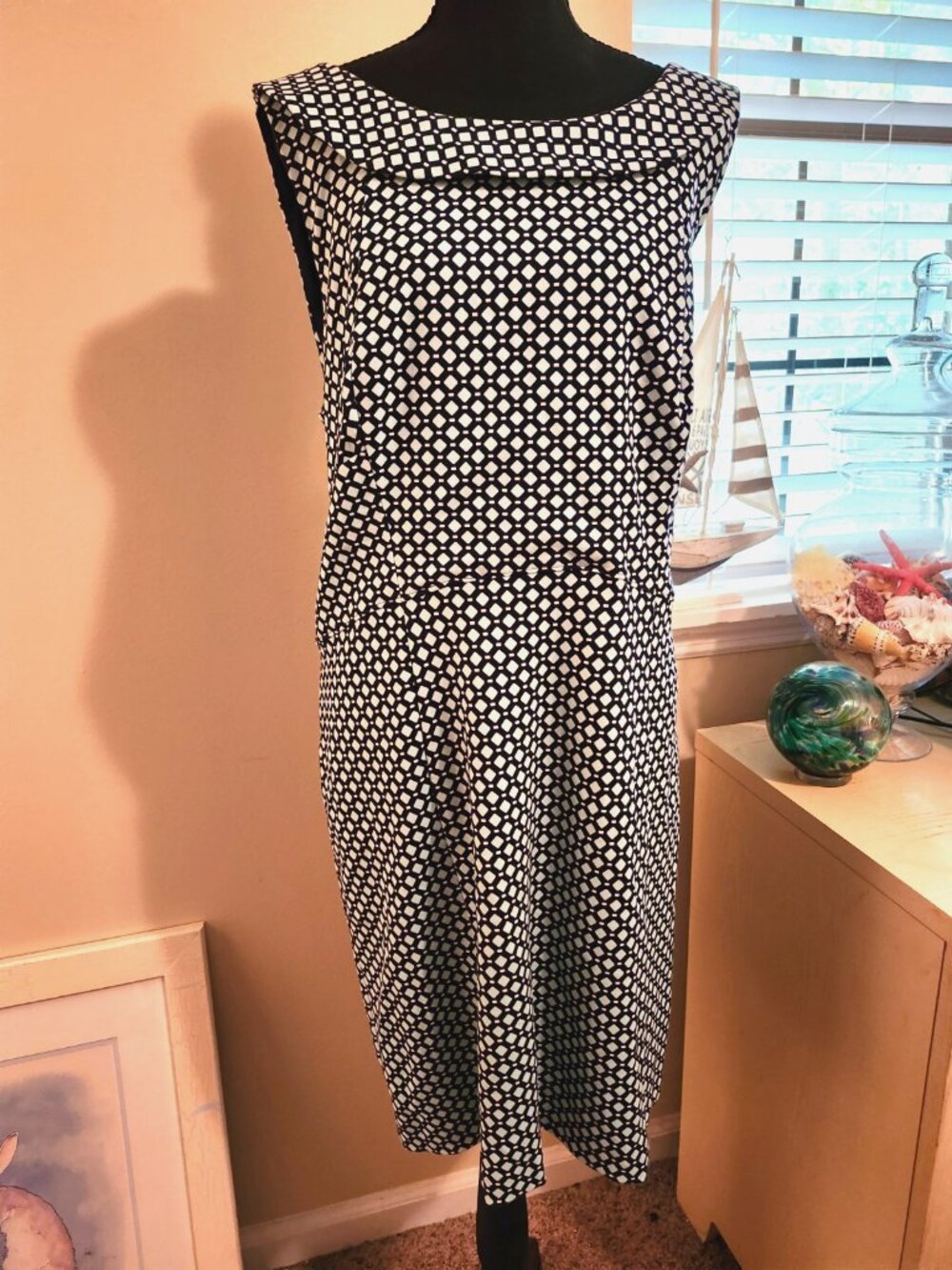 Lands’ End Navy Aqua Knit Dres 18W Zip Back Luxe Coastal Career Chic Nautical